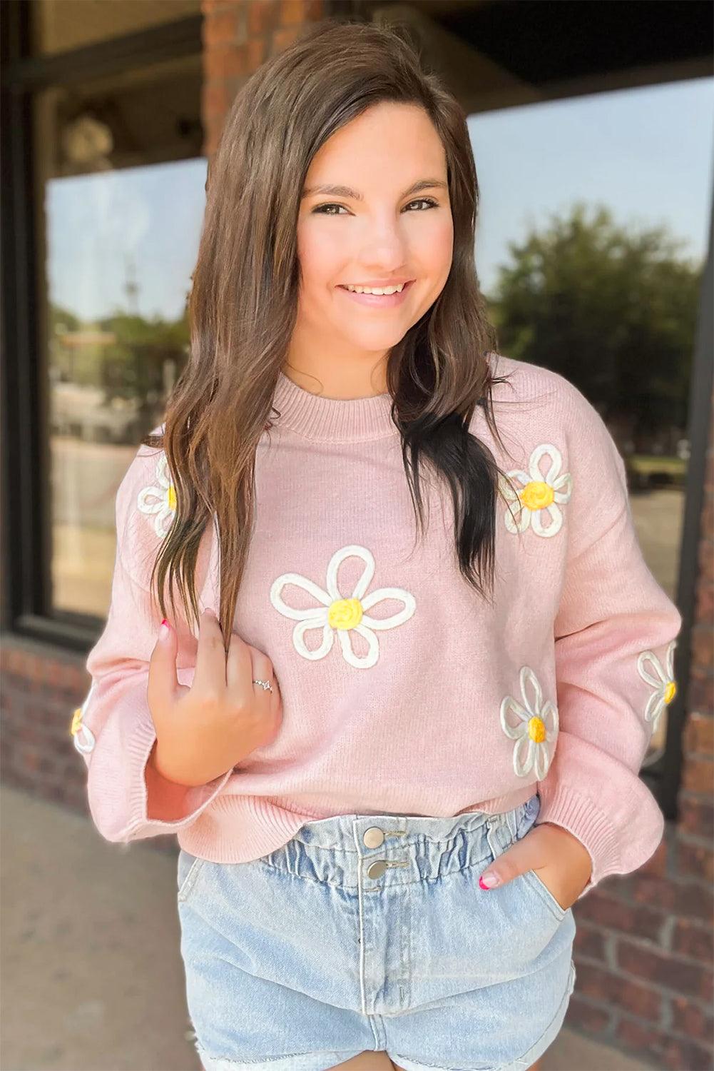 Pink Chenille Daisy Stitching Crew Neck Sweater - L & M Kee, LLC