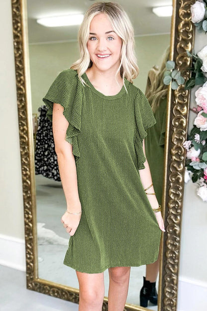 Grass Green Flutter Sleeve Ribbed Shift Dress - L & M Kee, LLC