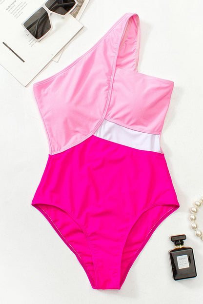 Rose Red Colorblock Patchwork One Shoulder One Piece Swimwear - L & M Kee, LLC