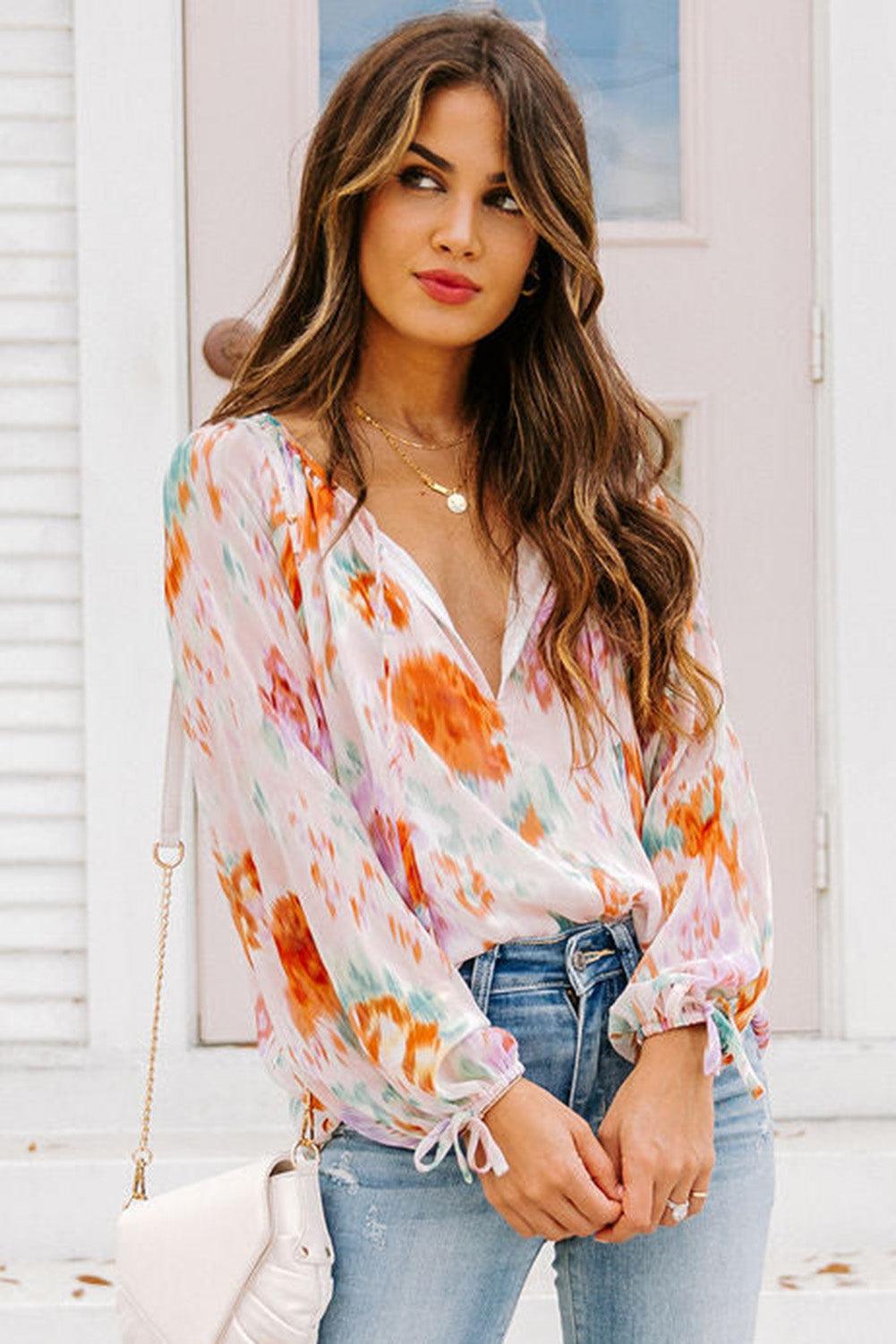 Multicolor Abstract Print Split Neck Puff Sleeve Blouse - L & M Kee, LLC