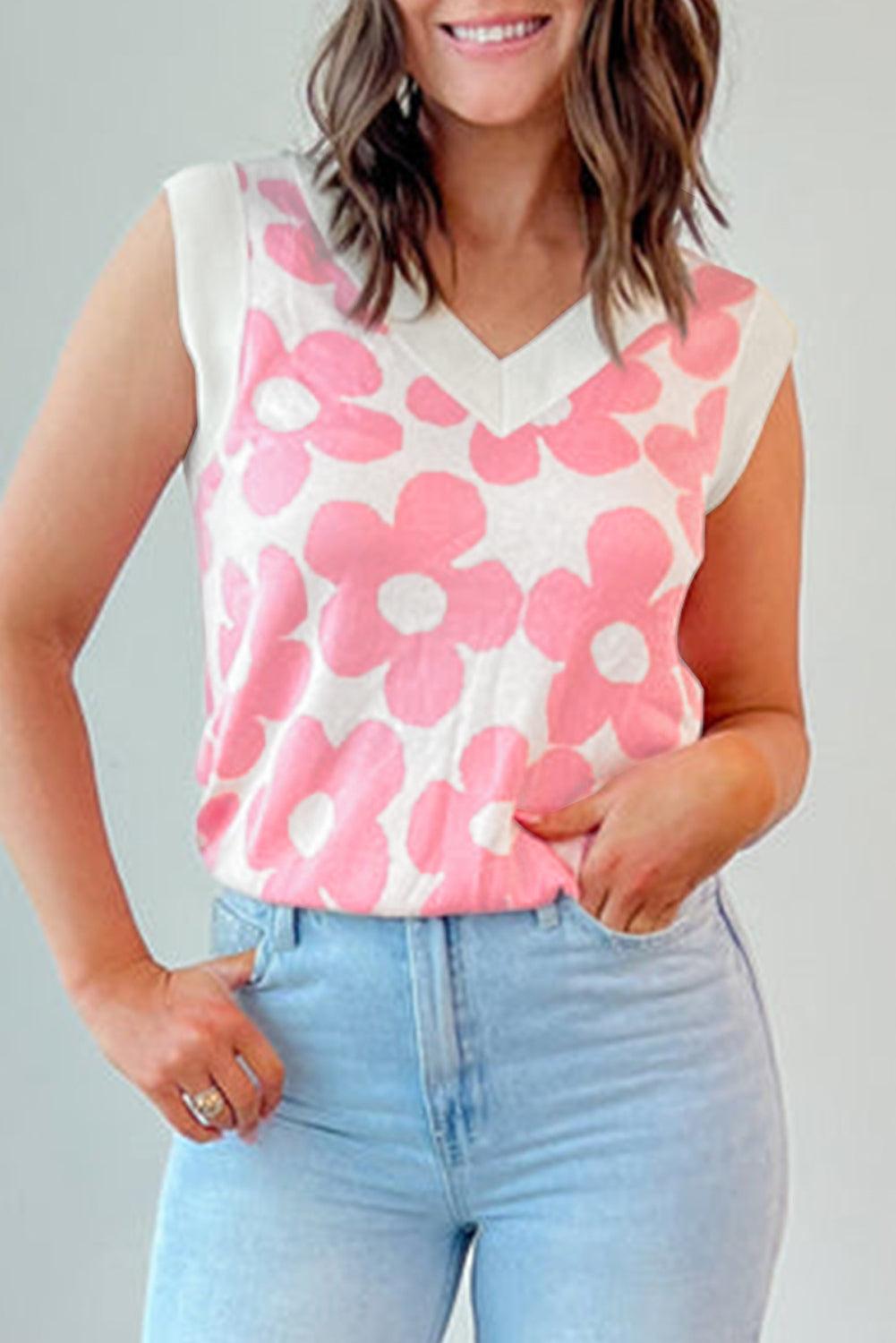 Pink Cute Flower Knitted V Neck Tank Top - L & M Kee, LLC