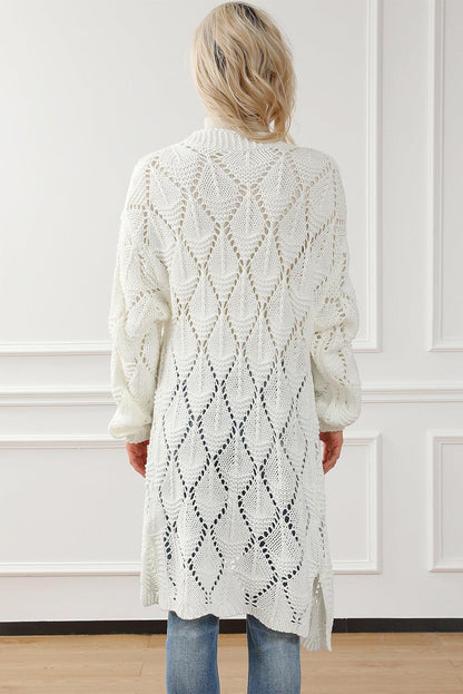 White Rhombus Hollowed Knit Open Front Cardigan - L & M Kee, LLC