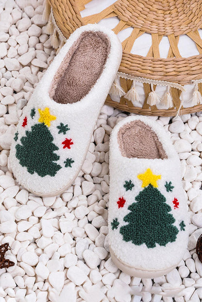 White Fuzzy Christmas Tree Pattern Home Slippers - L & M Kee, LLC