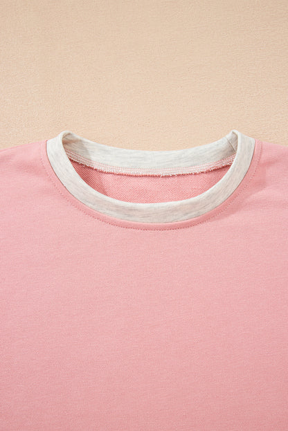 Rose Red 2pcs Color Block Pullover Loose Pant Set