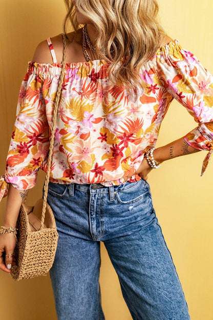 Multicolor Floral Print Shirred Knotted Off Shoulder Blouse - L & M Kee, LLC