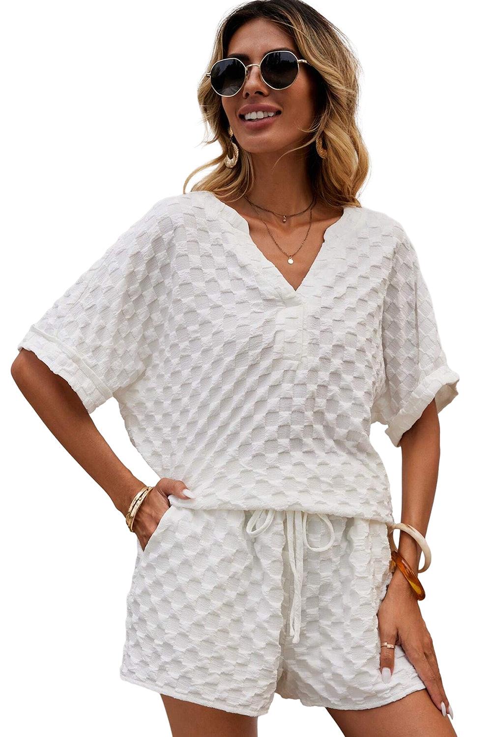 White Textured Split Neck Top and Drawstring Shorts Set - L & M Kee, LLC