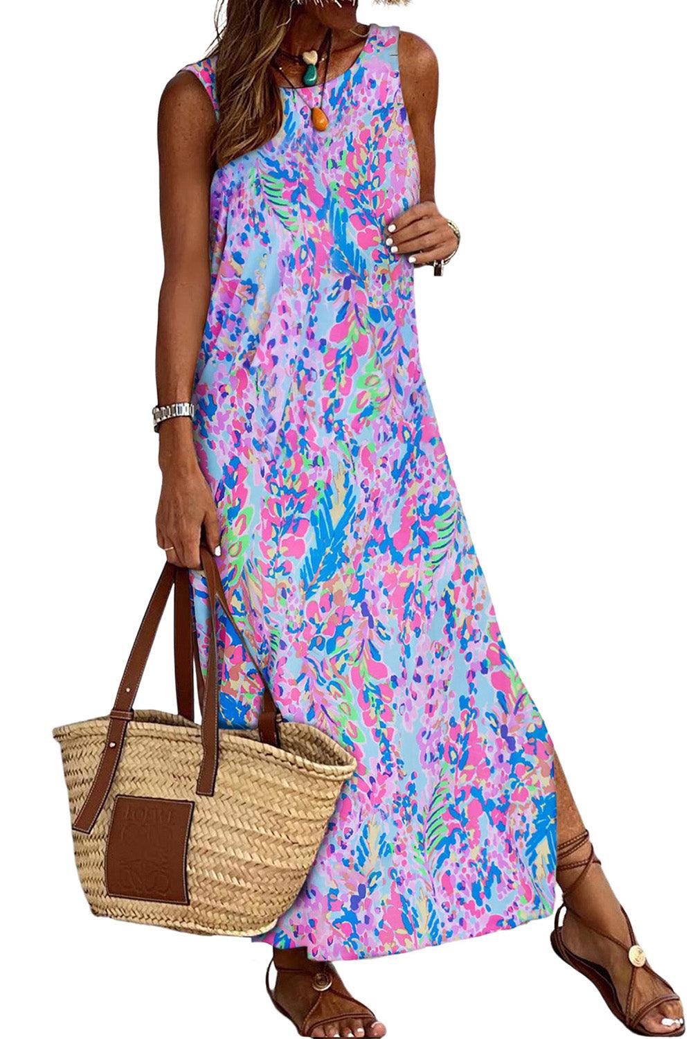 Purple Abstract Floral Print Sleeveless Maxi Dress - L & M Kee, LLC