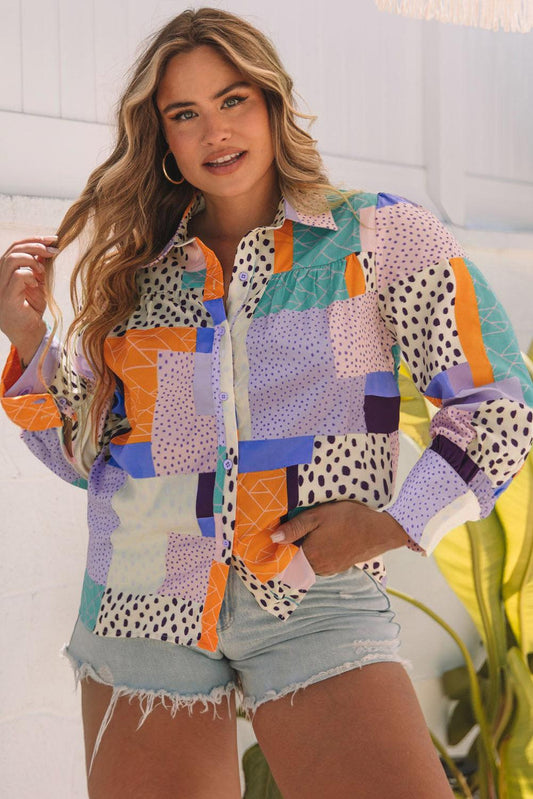 Multicolour Plus Size Mixed Print Buttoned Shirt - L & M Kee, LLC