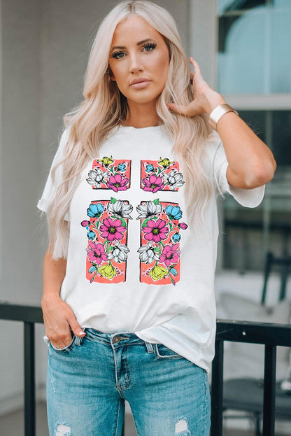 White Floral Crossed Graphic Easter Round Neck T Shirt - L & M Kee, LLC