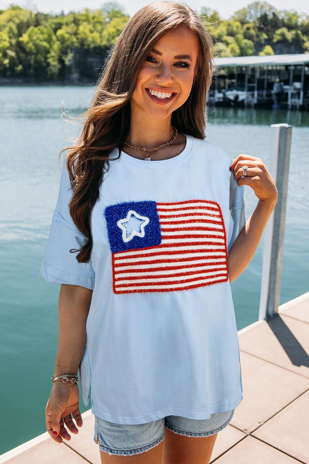 Beau Blue Tinsel American Flag Graphic Drop Shoulder T-shirt - L & M Kee, LLC