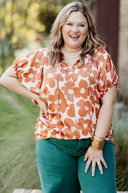 Orange Plus Size Floral Print Drawstring V Neck Short Sleeve Blouse - L & M Kee, LLC