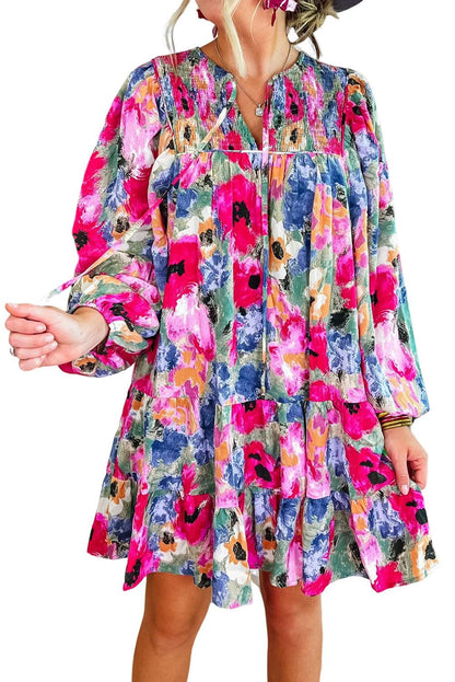 Multicolour Floral Tie Neck Bubble Sleeve Shift Dress - L & M Kee, LLC