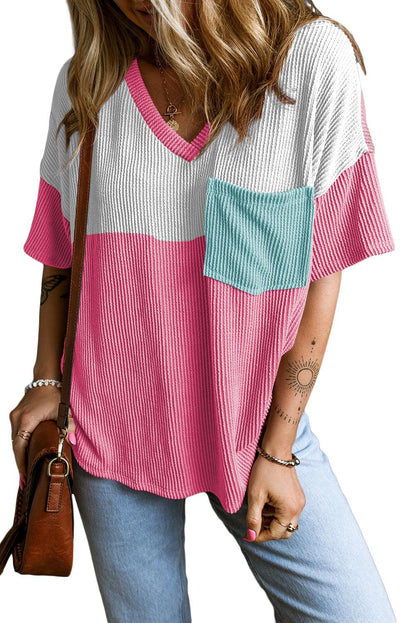 Rose Red Color Block Patch Pocket Corded V Neck Tee - L & M Kee, LLC