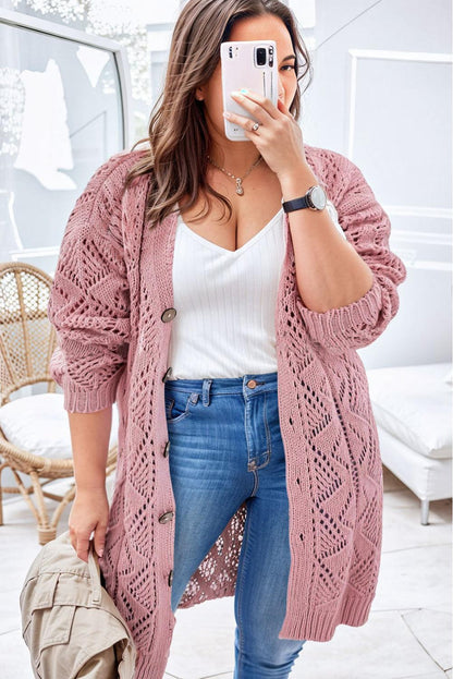 Pink Open Knit Button-Up Plus Size Cardigan - L & M Kee, LLC