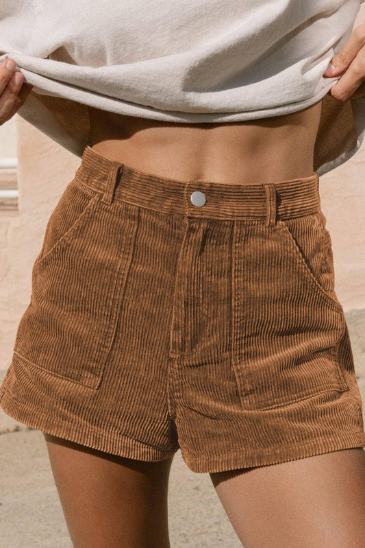 Brown Vintage Elastic Waist Back Pocketed Corduroy Shorts - L & M Kee, LLC