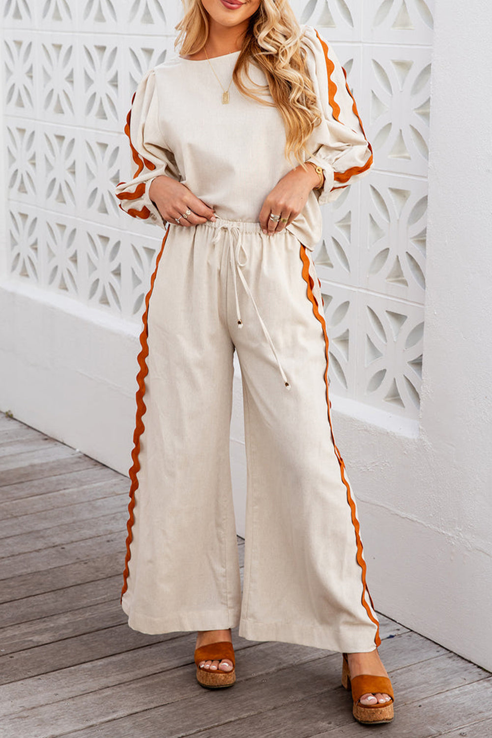 White Colorblock Ric Rac Trim Sleeve Top and Wide Leg Pants Set