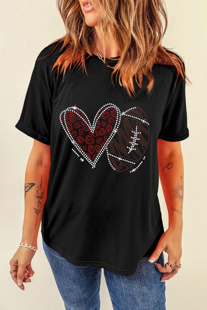 Black Rhinestone Rugby Heart Shape Graphic Crewneck T Shirt - L & M Kee, LLC