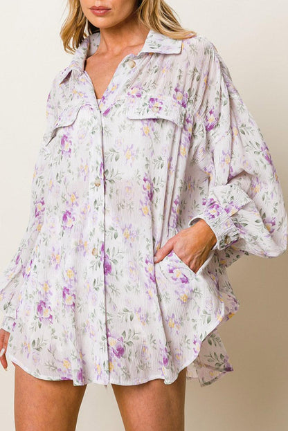 Purple Floral Print Pleated Flap Pocket Shirt - L & M Kee, LLC