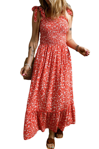 Red Boho Floral Self Tie Straps Smocked Bodice Long Dress - L & M Kee, LLC