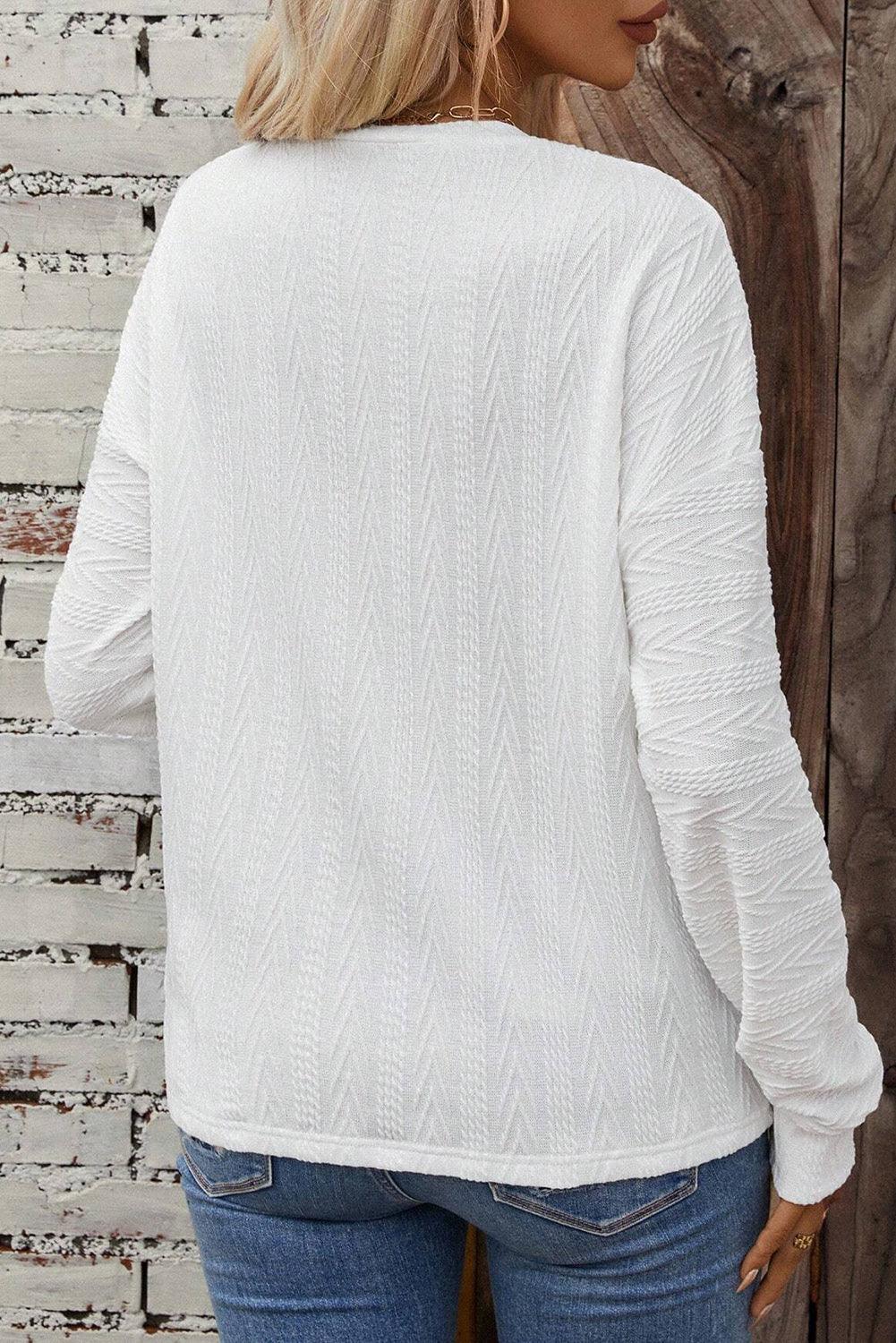 White Round Neck Drop Shoulder Textured Knit Top - L & M Kee, LLC