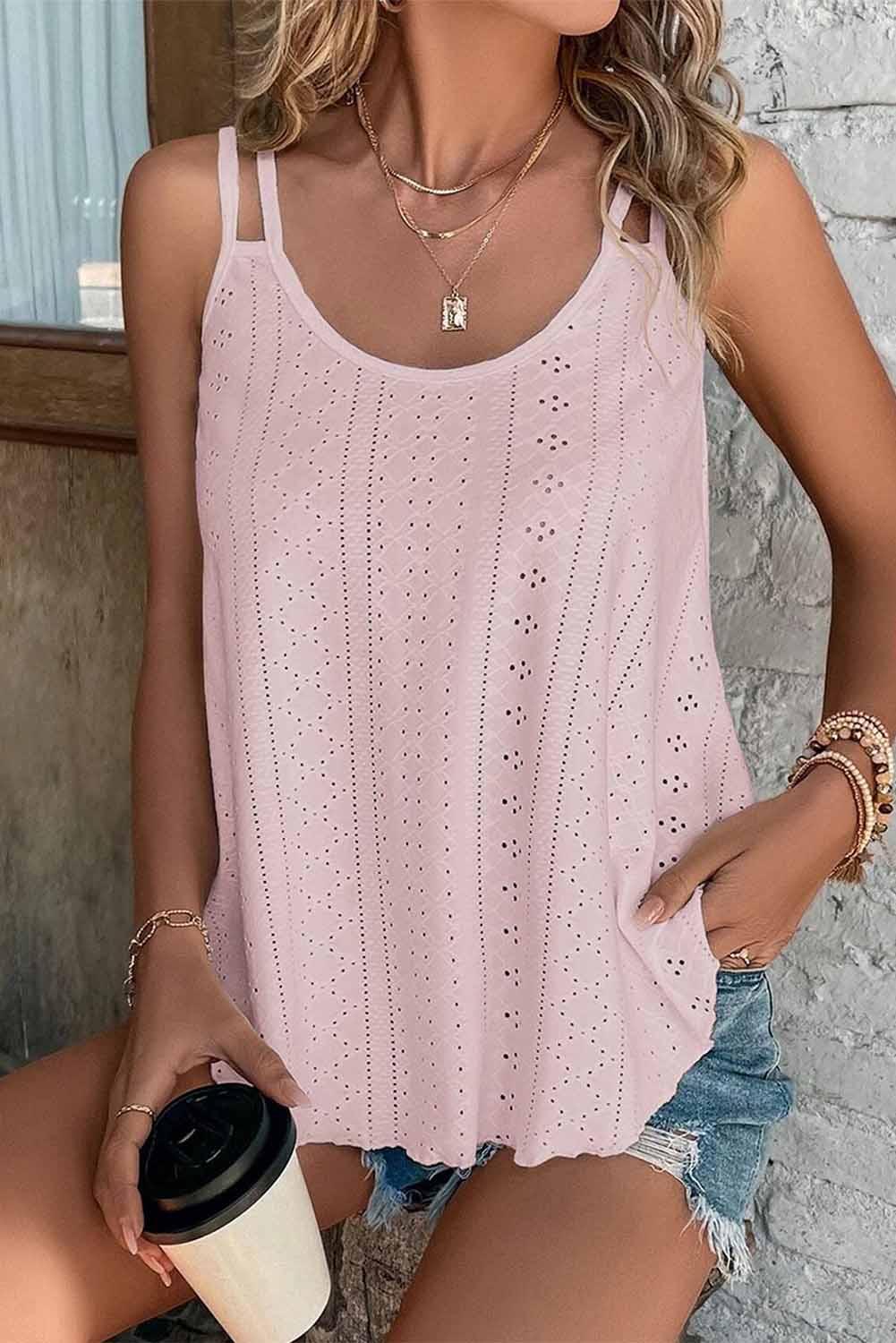 White Eyelet Strappy Scoop-Neck Tank Top - L & M Kee, LLC