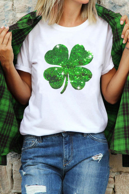 White Sequin Clover Patch Graphic St Patrick Fashion Tee - L & M Kee, LLC
