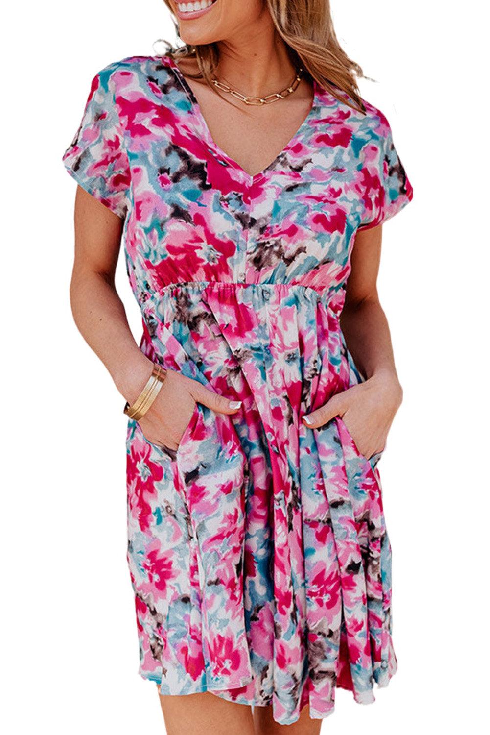 V Neck Short Sleeve Floral Dress - L & M Kee, LLC