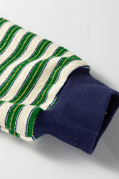 Dark Green Striped Print Contrast Collar Zip V Neck Long Sleeve Top