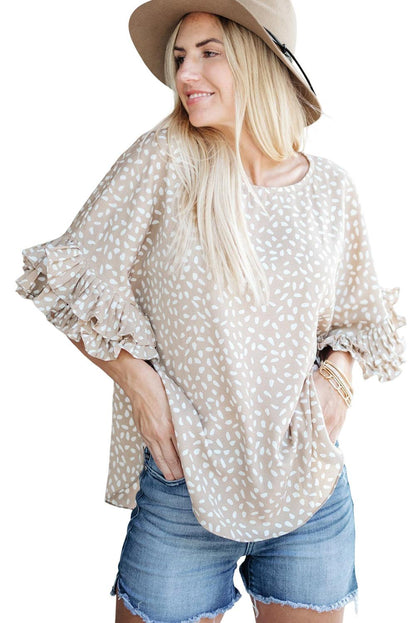 Khaki Dolman Ruffled Sleeve Loose Blouse - L & M Kee, LLC