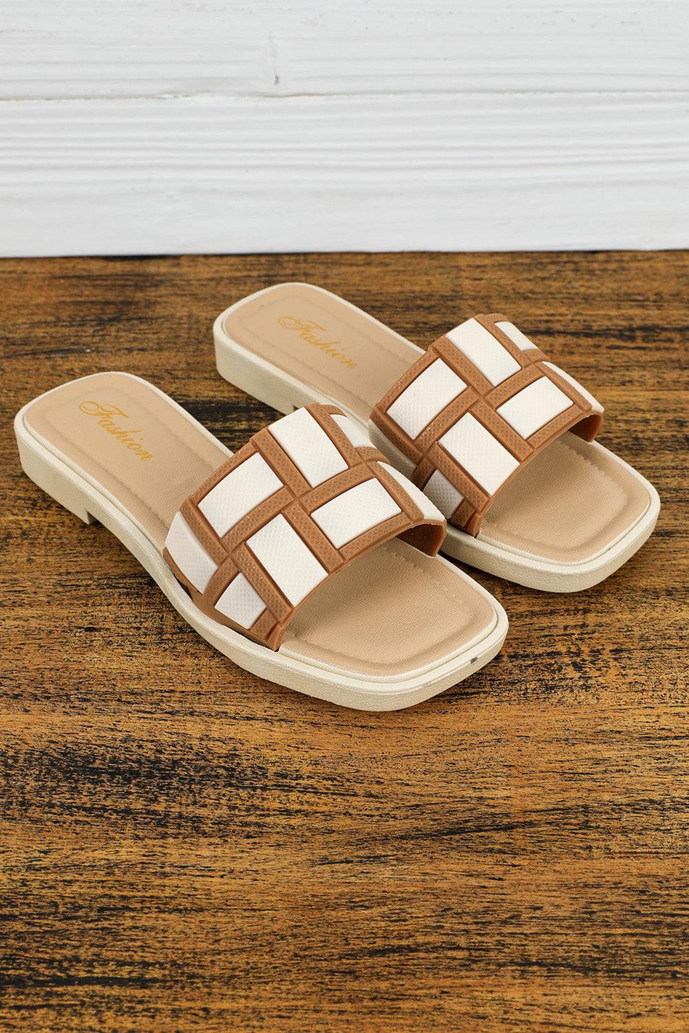 Beige Two Tone Contrast PU Leather Square Toe Slippers - L & M Kee, LLC