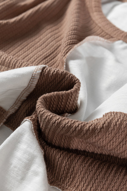 Dark Khaki Colorblock Checkered Raw Seamed Round Neck Knitted Jumper