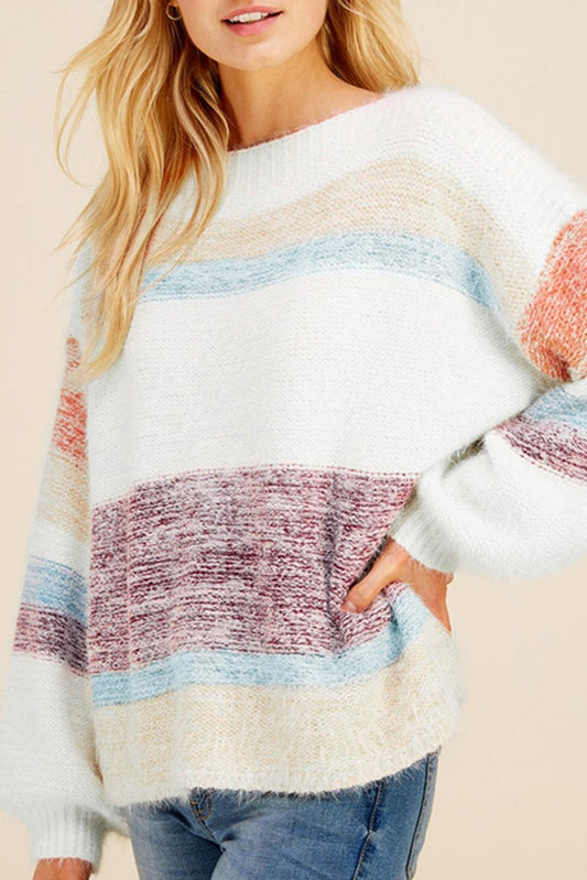 Multicolor Colorblock Striped Bishop Sleeve Fuzzy Sweater - L & M Kee, LLC