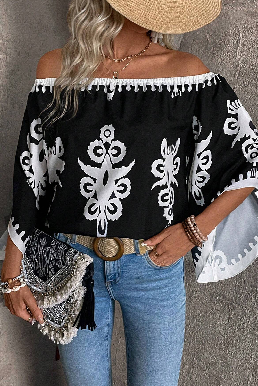 Black Tribal Printed Off Shoulder Loose Sleeve Blouse