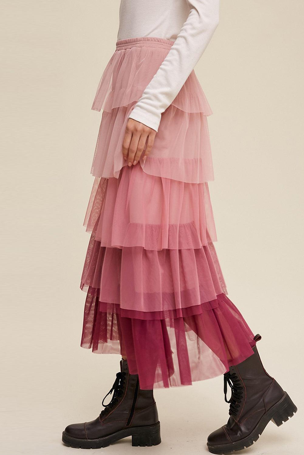 Pink Gradient Ruffle Tiered Mesh Maxi Skirt - L & M Kee, LLC