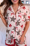 White Leopard Star Ribbon Bow Print Contrast Trim Short Pajama Set