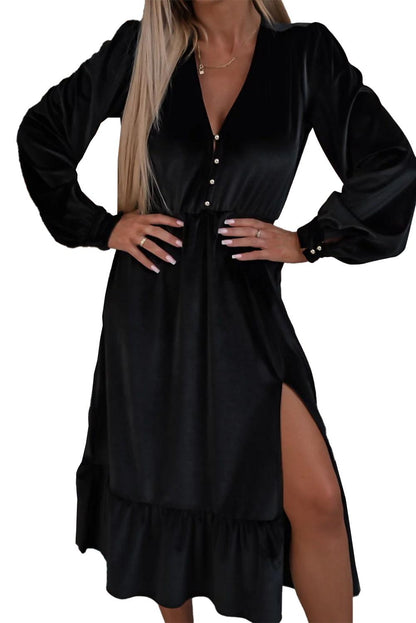 Black Velvet Buttoned Puff Sleeve V Neck Split Midi Dress - L & M Kee, LLC