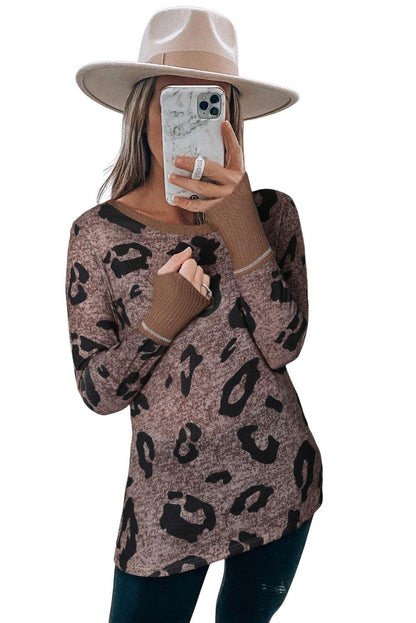 Brown Leopard Spling Thumbhole Long Sleeve Top - L & M Kee, LLC