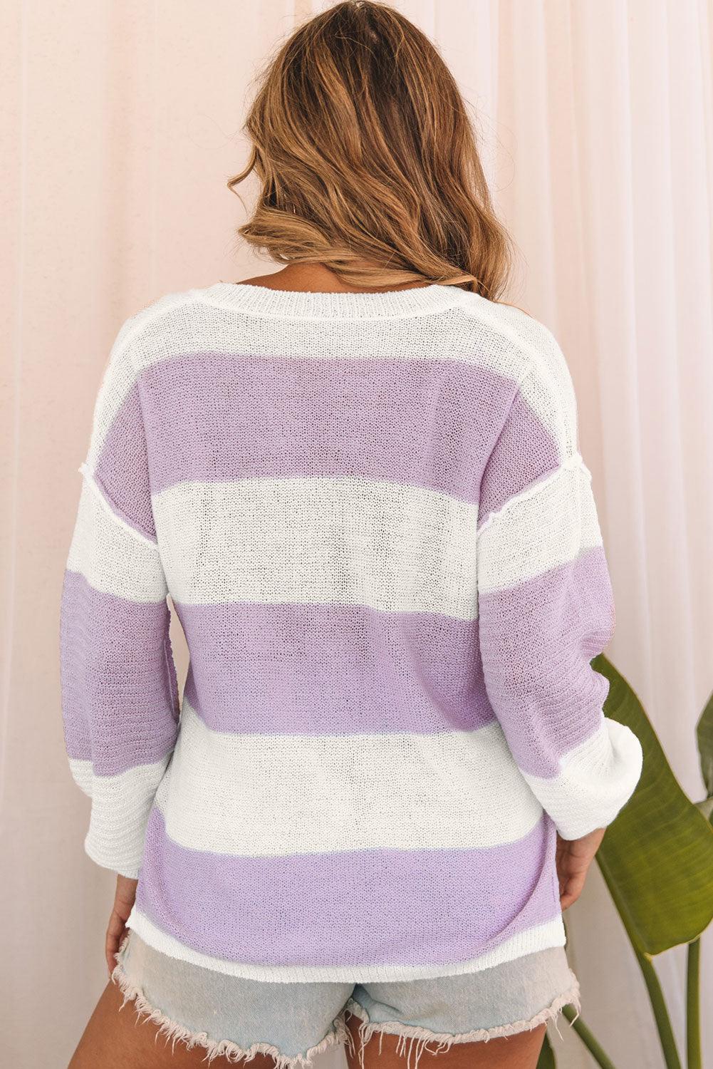 Striped Knit Button Ribbed Split Neck Sweater - L & M Kee, LLC