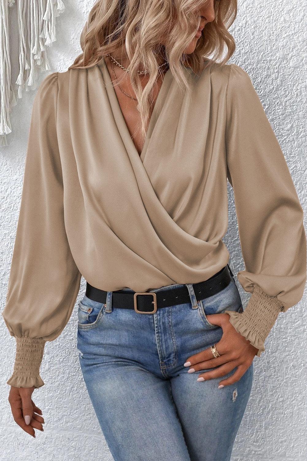 Black Solid Surplice Neck Shirred Cuffs Draped Blouse - L & M Kee, LLC