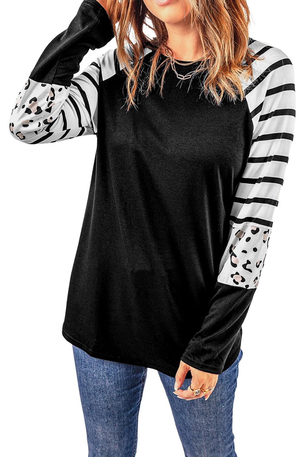 Black Striped Animal Print Colorblock Long Sleeve Top - L & M Kee, LLC