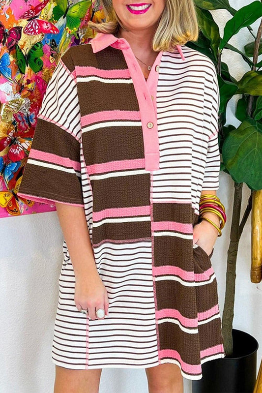 Brown Stripe Striped Textured Patchwork Buttoned T Shirt Dress