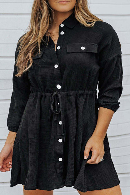 Black Plus Size Textured Drawstring Button up Shirt Dress - L & M Kee, LLC