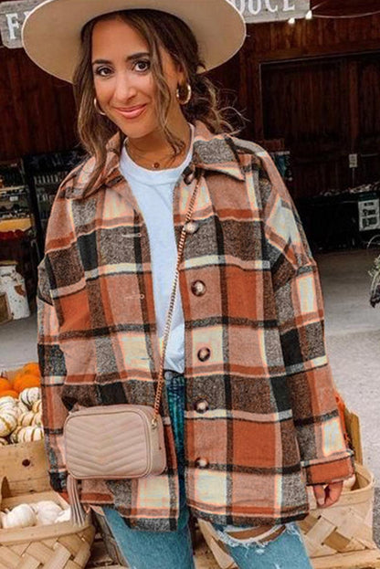 Orange Plaid Print Buttoned Shirt Jacket - L & M Kee, LLC