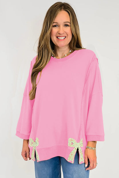 Pink Floral Bow Patched Exposed Seam Patchwork Slit Baggy Sweatshirt