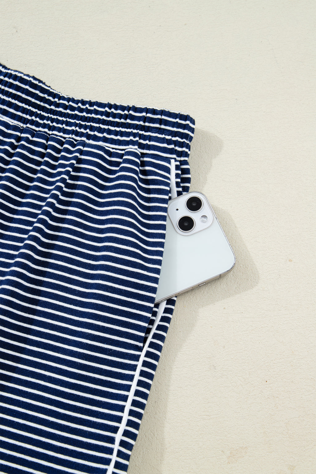 Blue Stripe Drop Shoulder Round Neck Long Sleeve Tee and Buttoned Shorts 2pcs Lounge Set