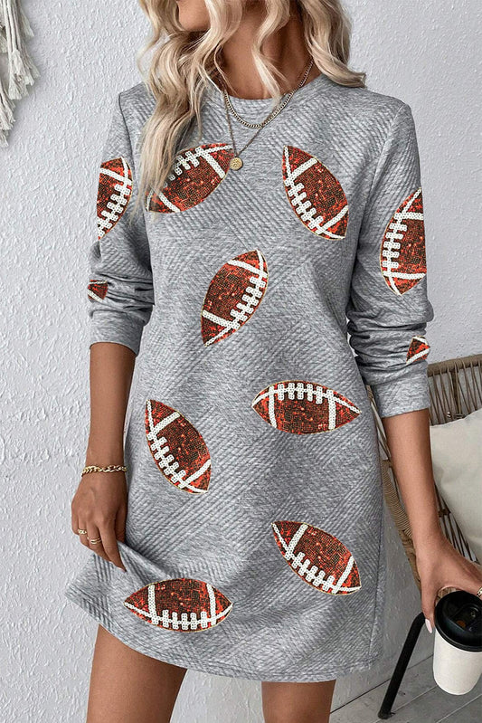 Gray Sequin Rugby Football Graphic Textured Long Sleeve Shift Mini Dress