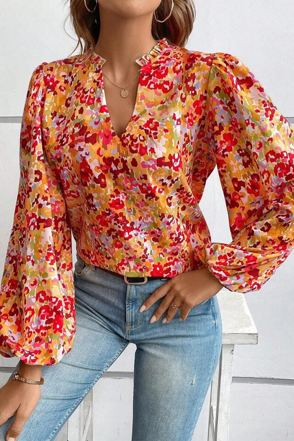 Grapefruit Orange Frilled Split Neck Bubble Sleeve Floral Blouse - L & M Kee, LLC