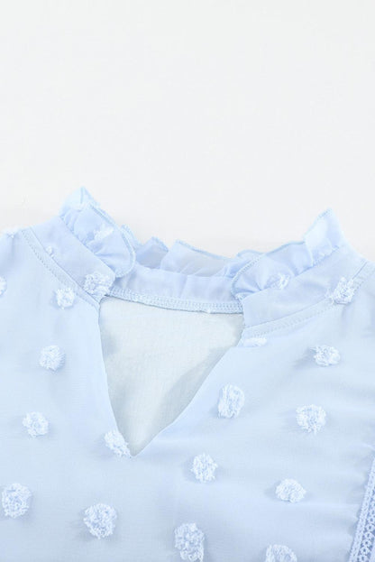 Blue Ruffled Split Neck Lace Hollow Out Puff Sleeve Polka Dot Blouse - L & M Kee, LLC