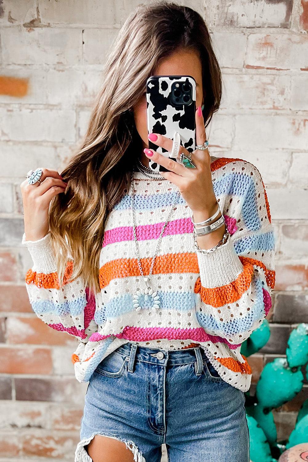 Multicolor Striped Hollowed Knitted Loose Sweater - L & M Kee, LLC