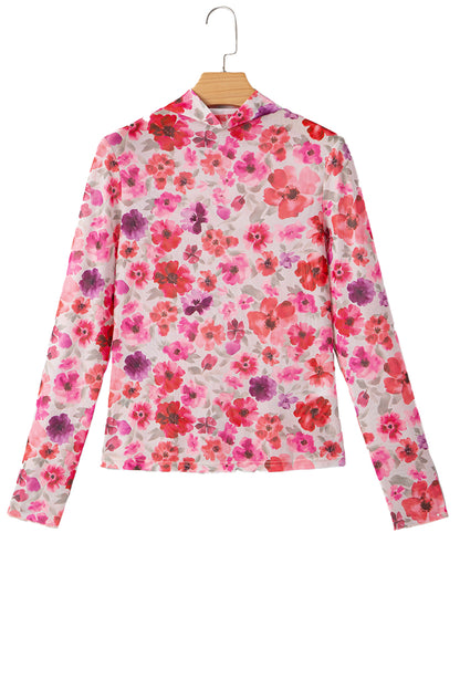 Red Floral Print Long Sleeve Slim Fit Mesh Top